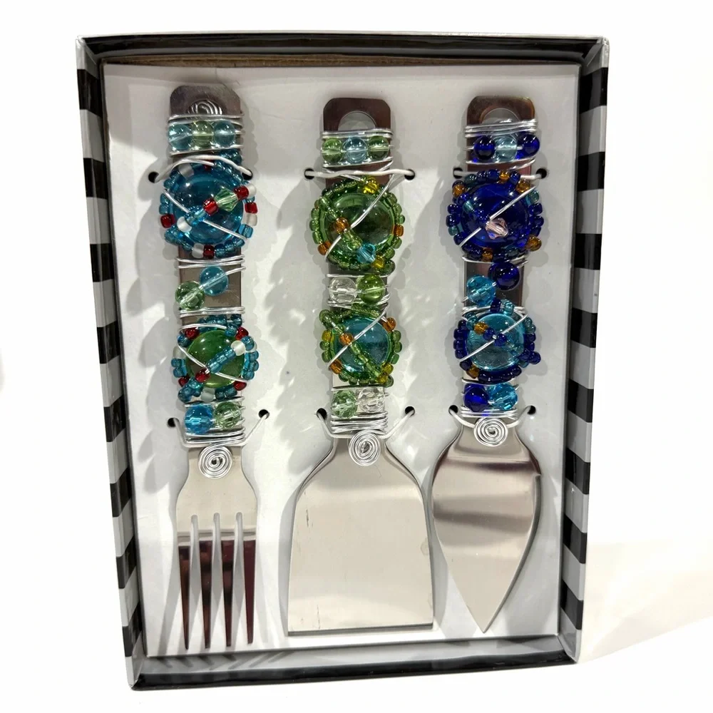 Vintage 90s Set of 3 Blue Green Wire Beaded Charcuterie Board Cheese Serving Set